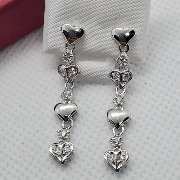 Silver 925 Multiple Heart CZ Dangling Earrings - Picture 5 of 9